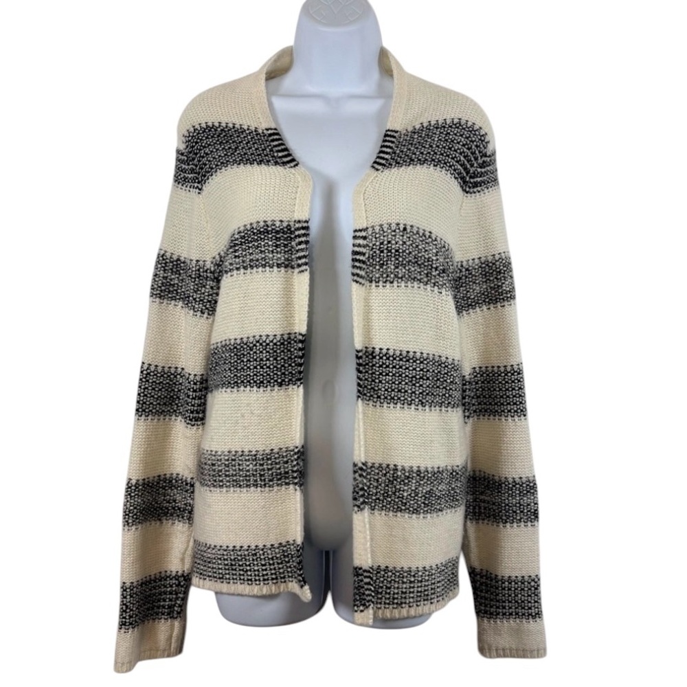 Coldwater Creek Wool Blend Cream& Black Striped Open Front Knit Cardigan Sweater